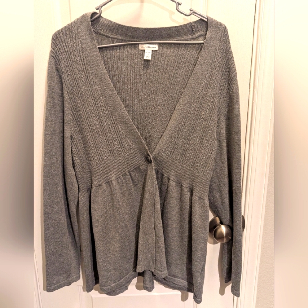 Croft & Barrow Cardigan Women 1X Plus Gray‎ V-Neck Button Up Long Sleeve Cotton